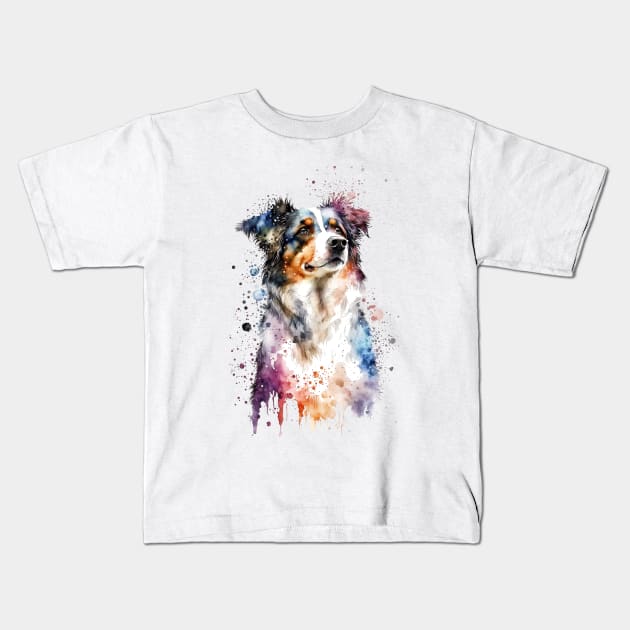 Rainbow Miniature American Shepherd Watercolor Art Kids T-Shirt by doglovershirts